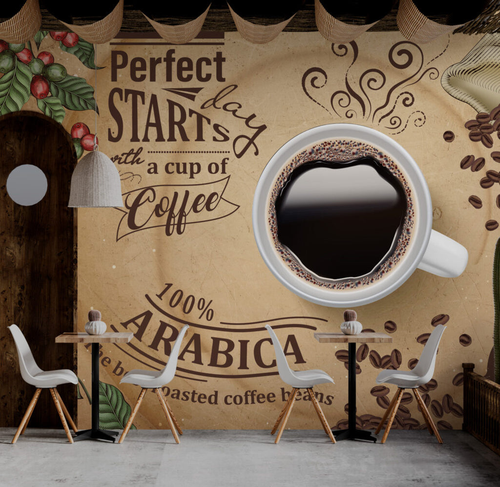 Coffee Cup Wallpaper : Vintage Cafe Typography Mural - View 4
