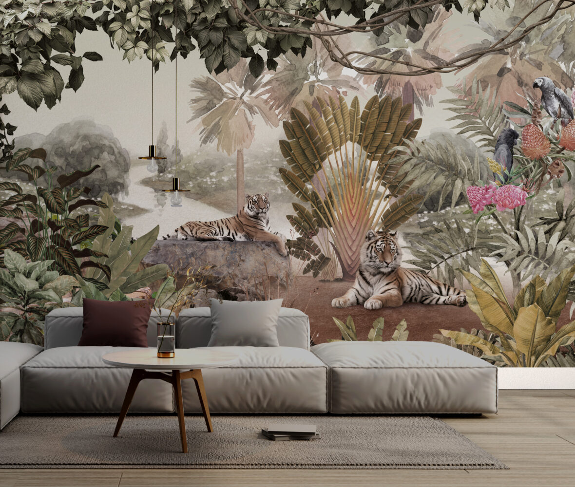 Tiger Jungle Wallpaper : Misty Tropical Forest Birds Mural