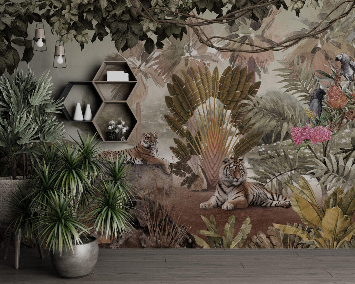 Tiger Jungle Wallpaper : Misty Tropical Forest Birds Mural - View 3
