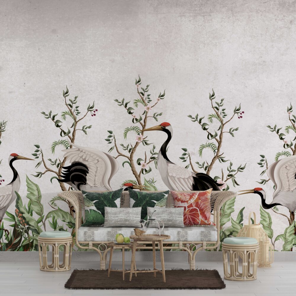 Red-Crowned Crane Wallpaper : Blossom Tree Chinoiserie Mural - View 3