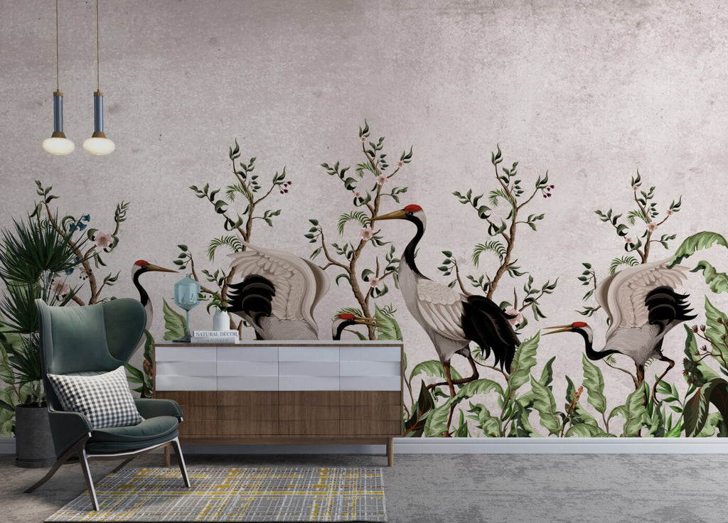Red-Crowned Crane Wallpaper : Blossom Tree Chinoiserie Mural - View 6