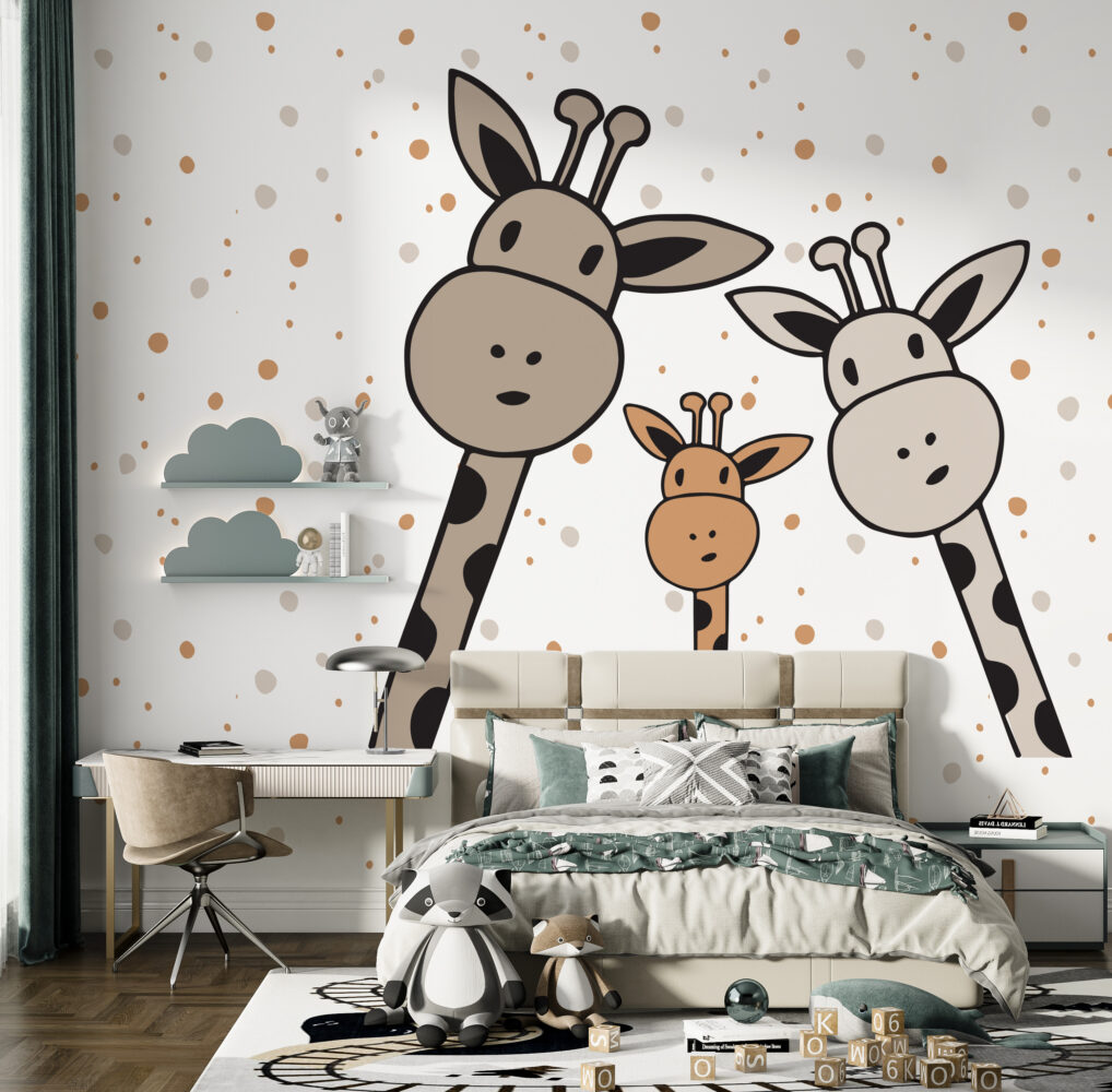 Cartoon Giraffe Family Wallpaper : Polka Dot Kids Mural - View 3