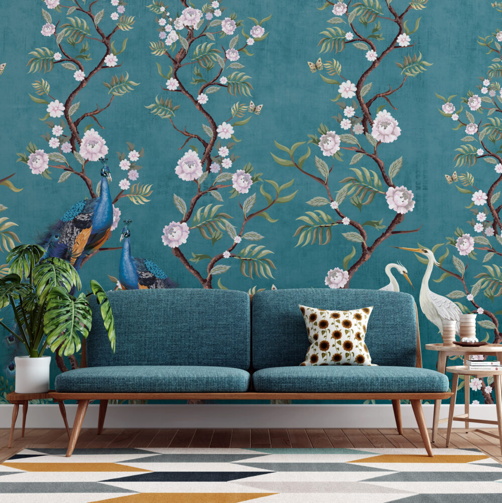 Teal Peony Peacock Wallpaper : Chinoiserie Blossom Mural