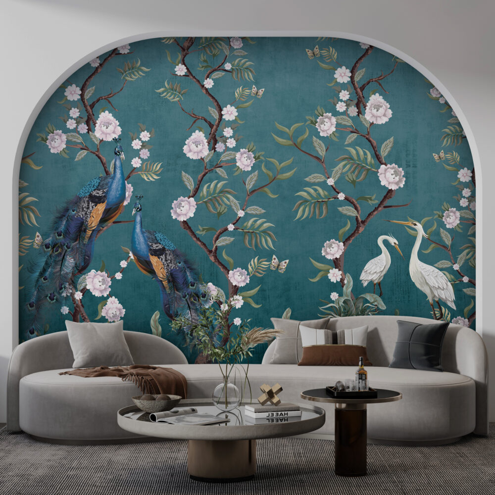 Teal Peony Peacock Wallpaper : Chinoiserie Blossom Mural - View 3