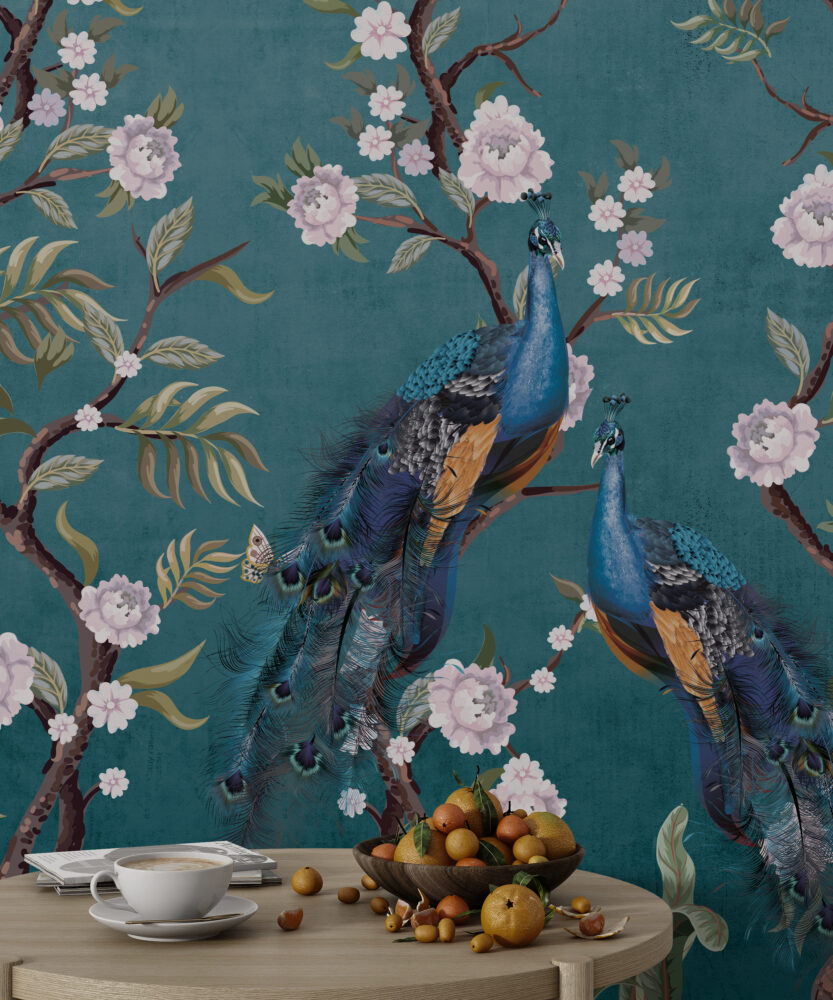 Teal Peony Peacock Wallpaper : Chinoiserie Blossom Mural - View 4