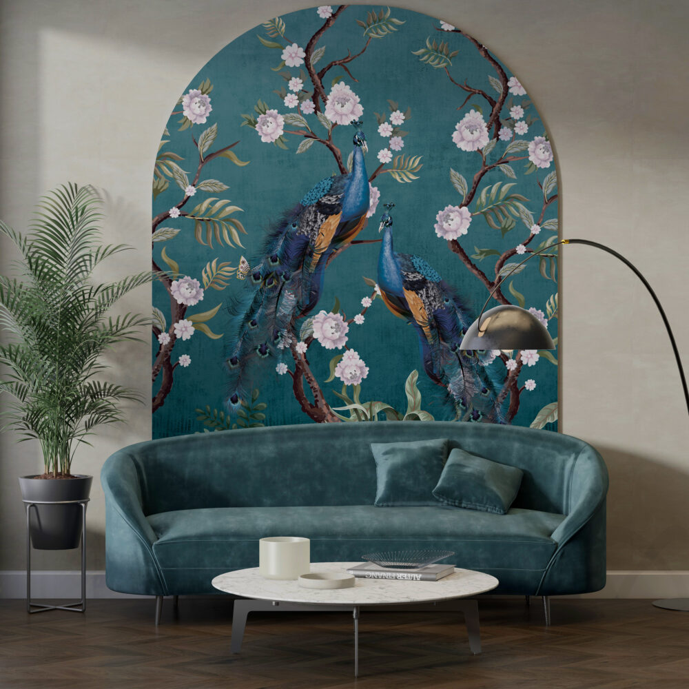 Teal Peony Peacock Wallpaper : Chinoiserie Blossom Mural - View 5