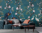 Teal Peony Peacock Wallpaper : Chinoiserie Blossom Mural - View 6