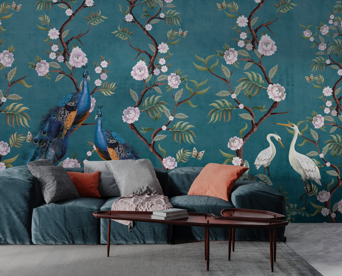 Teal Peony Peacock Wallpaper : Chinoiserie Blossom Mural - View 6