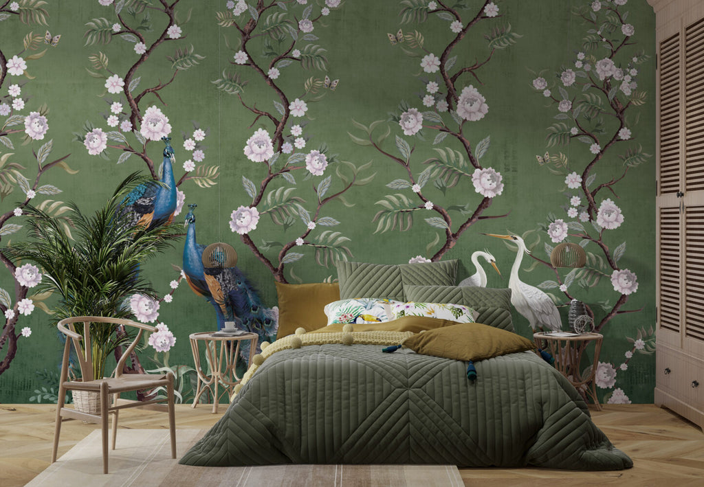 Green Peony Peacock Wallpaper : Chinoiserie Blossom Mural - View 6