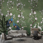 Green Peony Peacock Wallpaper : Chinoiserie Blossom Mural - View 5