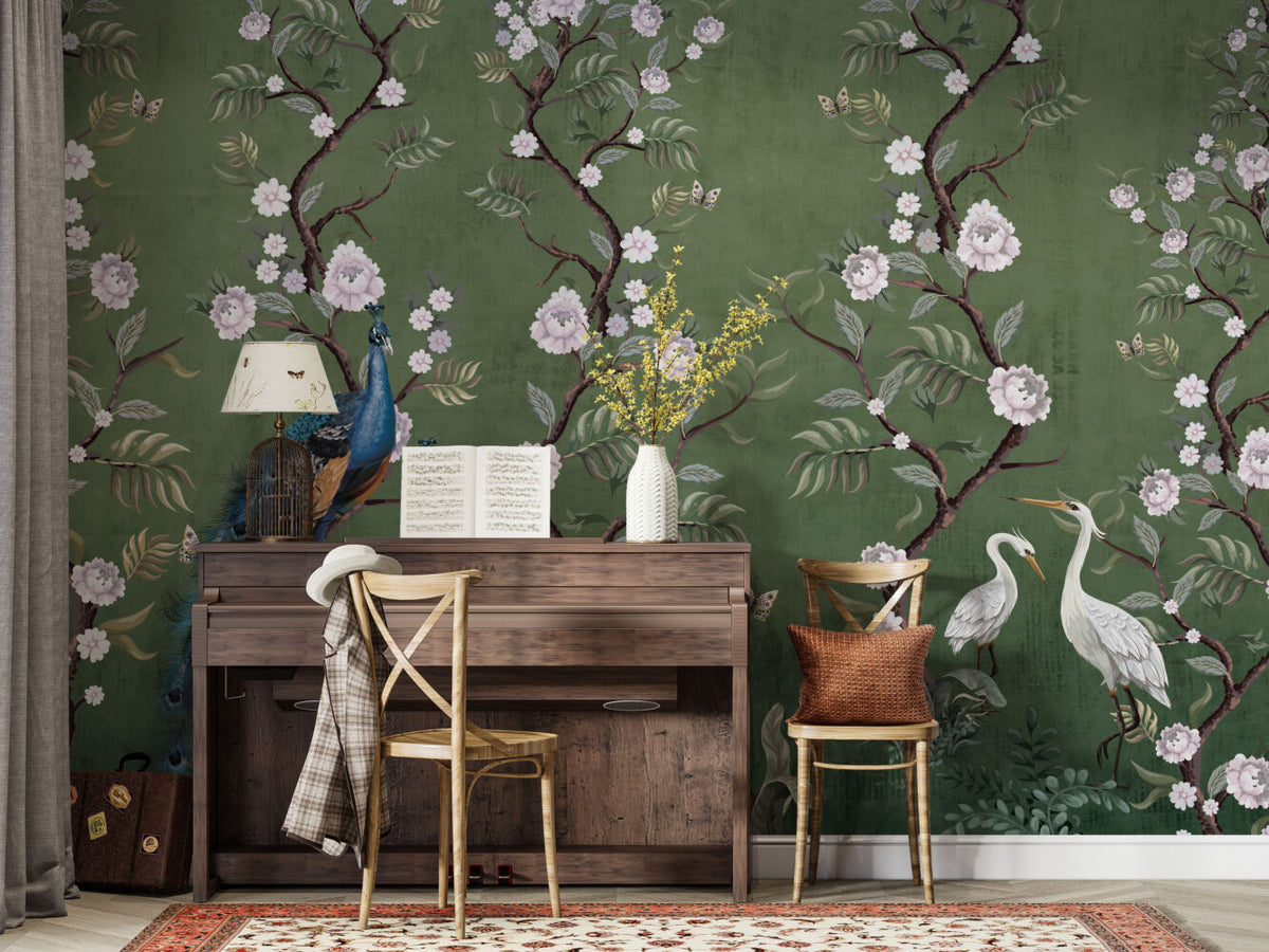 Green Peony Peacock Wallpaper : Chinoiserie Blossom Mural - View 4