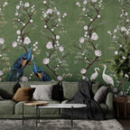 Green Peony Peacock Wallpaper : Chinoiserie Blossom Mural - View 3