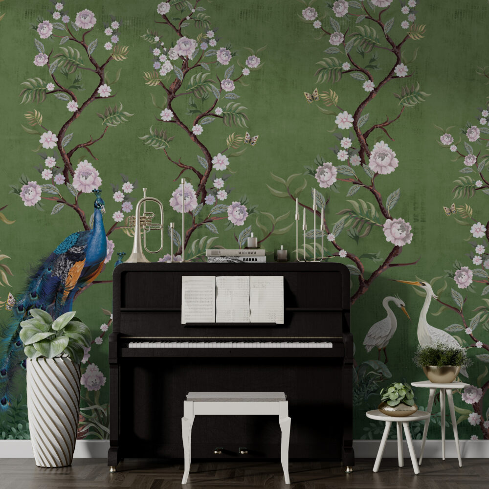 Green Peony Peacock Wallpaper : Chinoiserie Blossom Mural