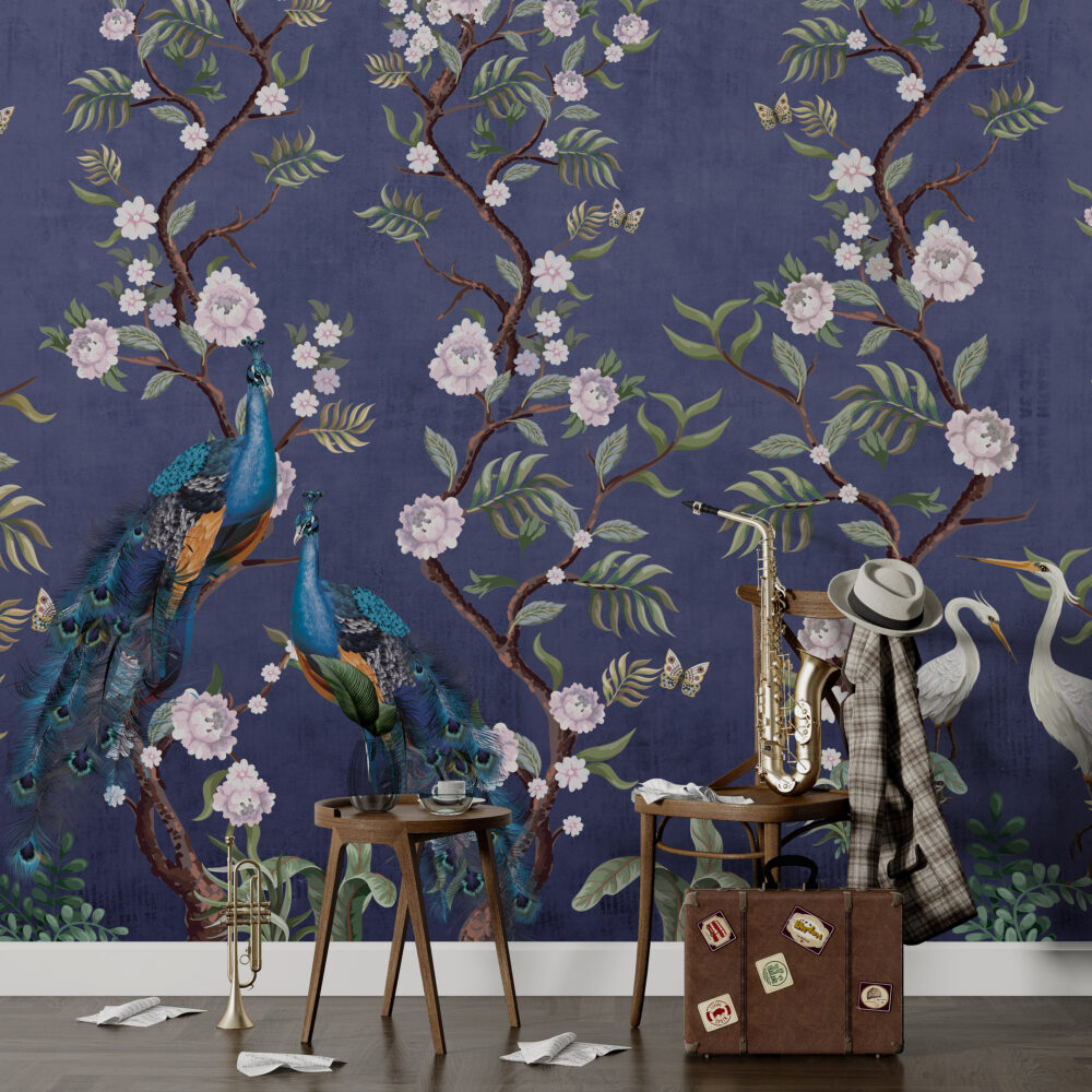 Indigo Peony Peacock Wallpaper : Chinoiserie Blossom Mural