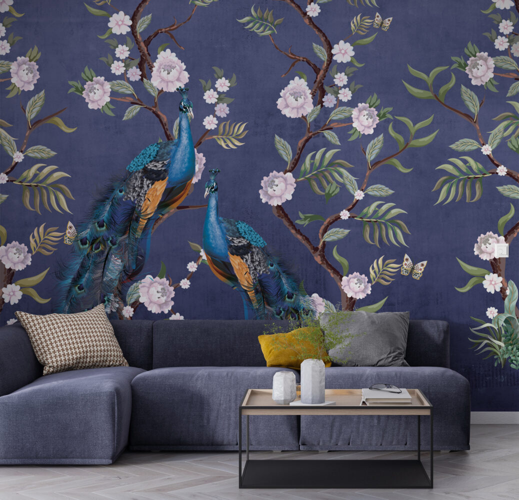 Indigo Peony Peacock Wallpaper : Chinoiserie Blossom Mural - View 6