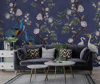 Indigo Peony Peacock Wallpaper : Chinoiserie Blossom Mural - View 5