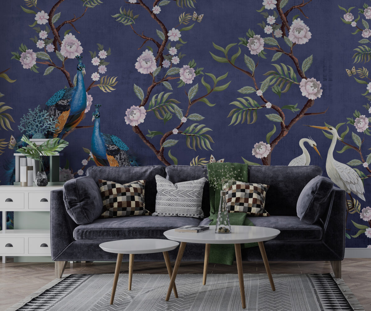 Indigo Peony Peacock Wallpaper : Chinoiserie Blossom Mural - View 5