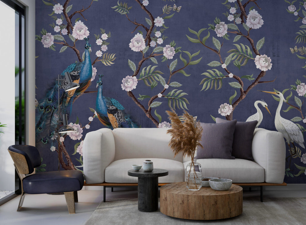 Indigo Peony Peacock Wallpaper : Chinoiserie Blossom Mural - View 4