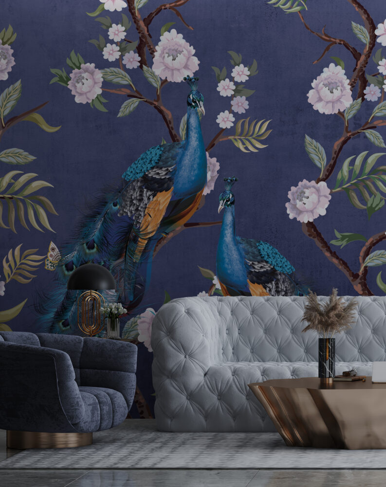 Indigo Peony Peacock Wallpaper : Chinoiserie Blossom Mural - View 3