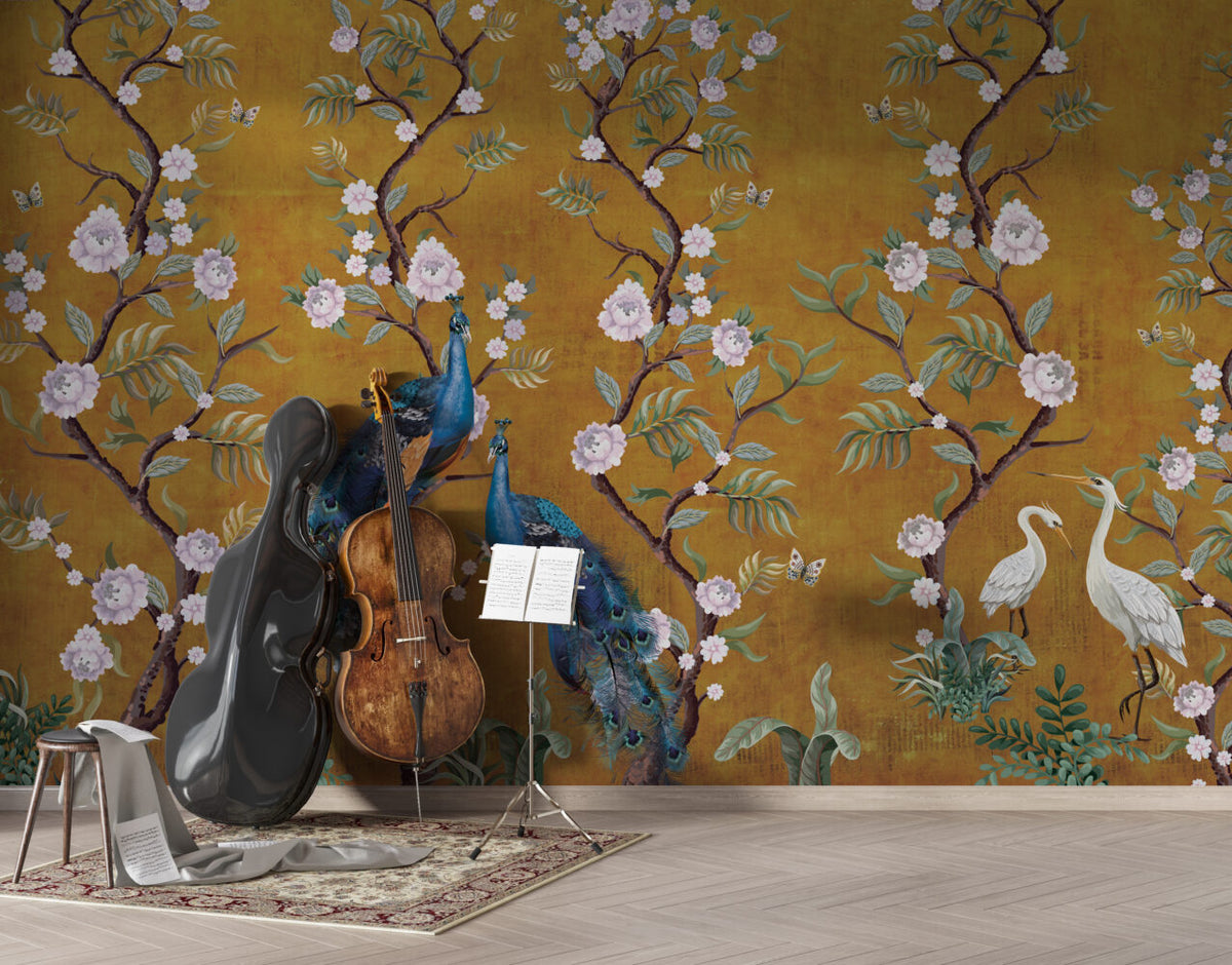 Ochre Peony Peacock Wallpaper : Chinoiserie Blossom Mural