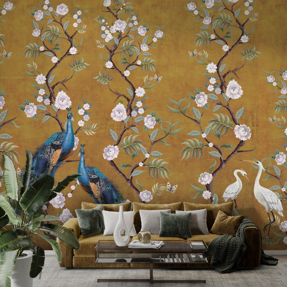 Ochre Peony Peacock Wallpaper : Chinoiserie Blossom Mural - View 3