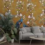 Ochre Peony Peacock Wallpaper : Chinoiserie Blossom Mural - View 4