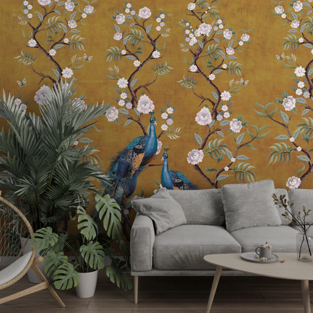 Ochre Peony Peacock Wallpaper : Chinoiserie Blossom Mural - View 4