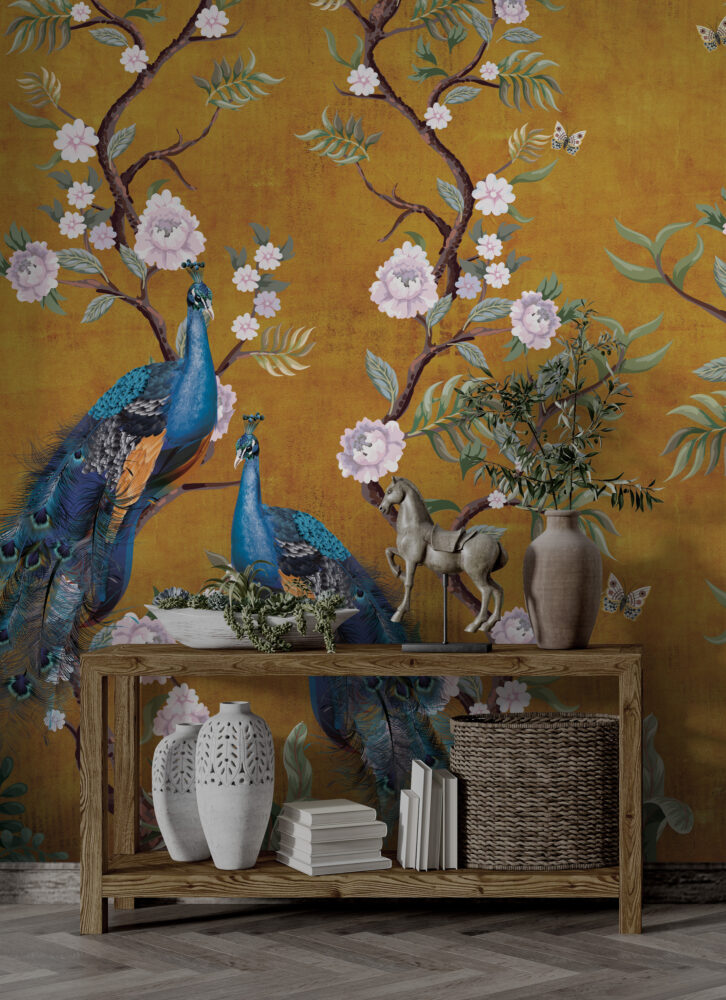 Ochre Peony Peacock Wallpaper : Chinoiserie Blossom Mural - View 6