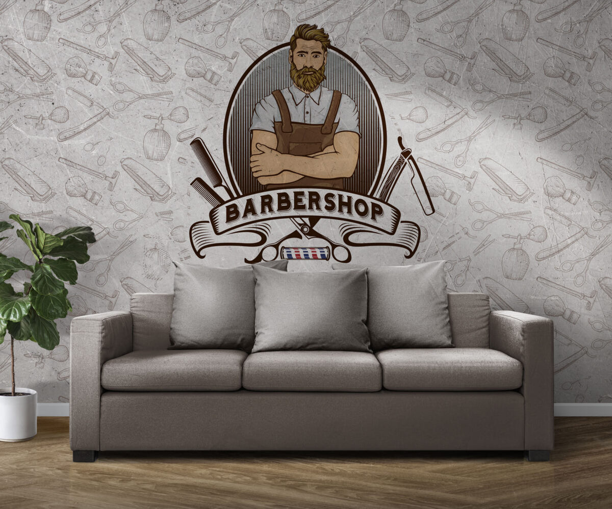 Barbershop Wallpaper : Retro Bearded Barber Emblem Mural - View 6