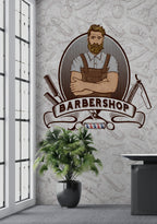Barbershop Wallpaper : Retro Bearded Barber Emblem Mural - View 5