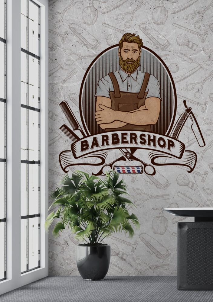 Barbershop Wallpaper : Retro Bearded Barber Emblem Mural - View 5