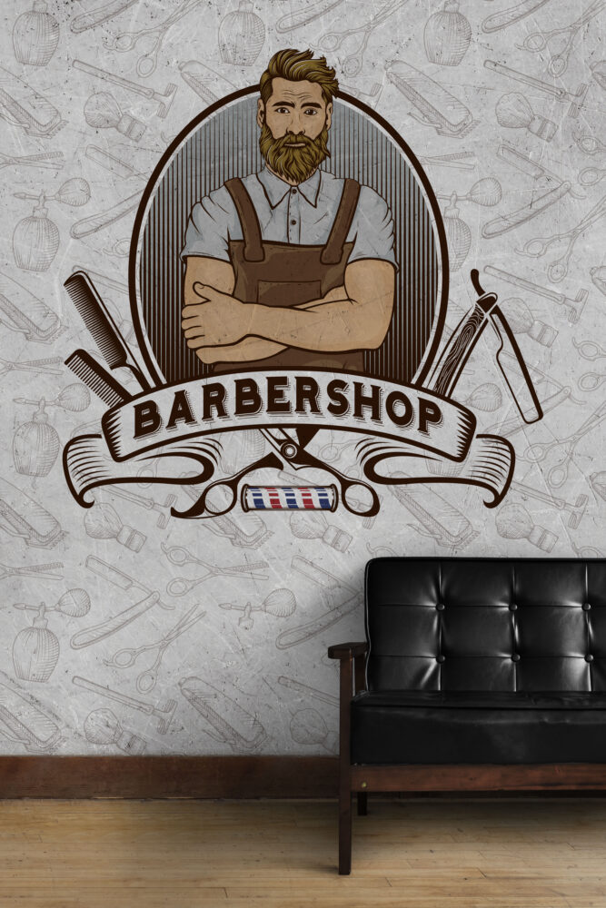 Barbershop Wallpaper : Retro Bearded Barber Emblem Mural - View 3