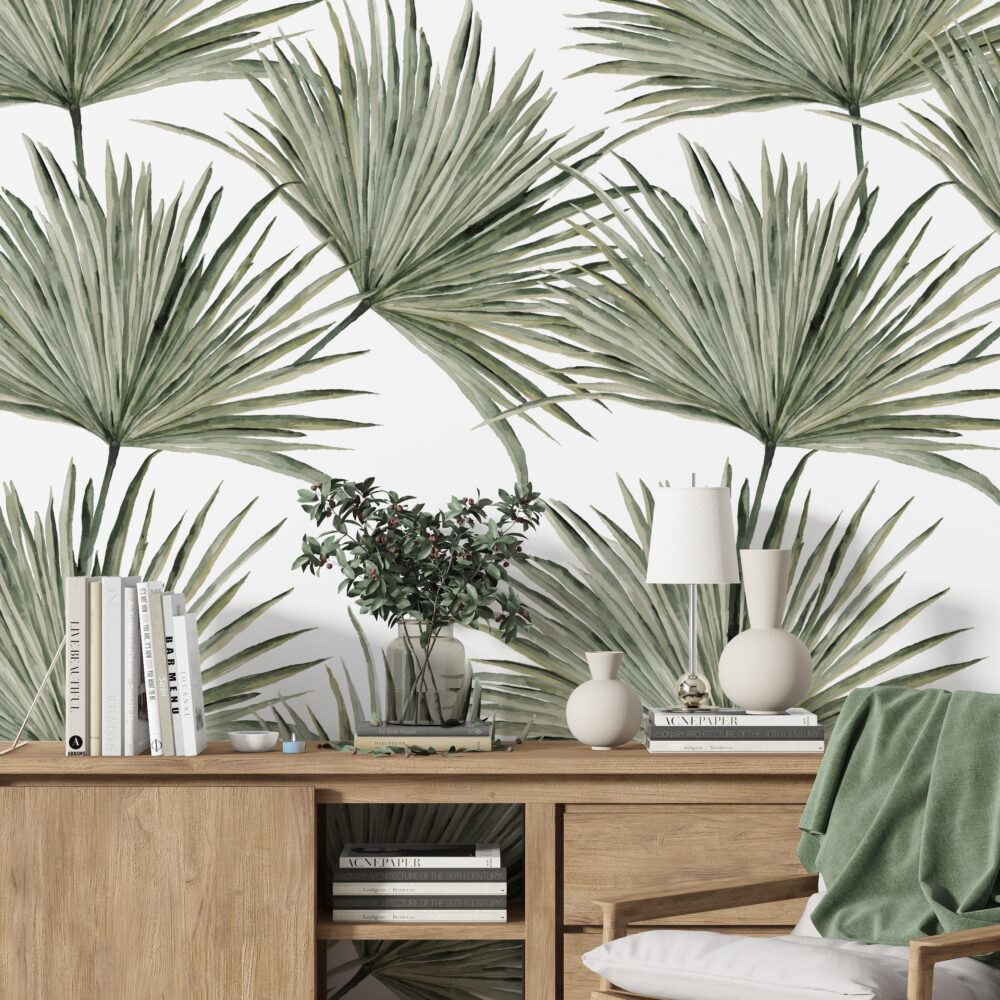 Fan Palm Leaves Wallpaper : Soft Green Botanical Mural - View 6