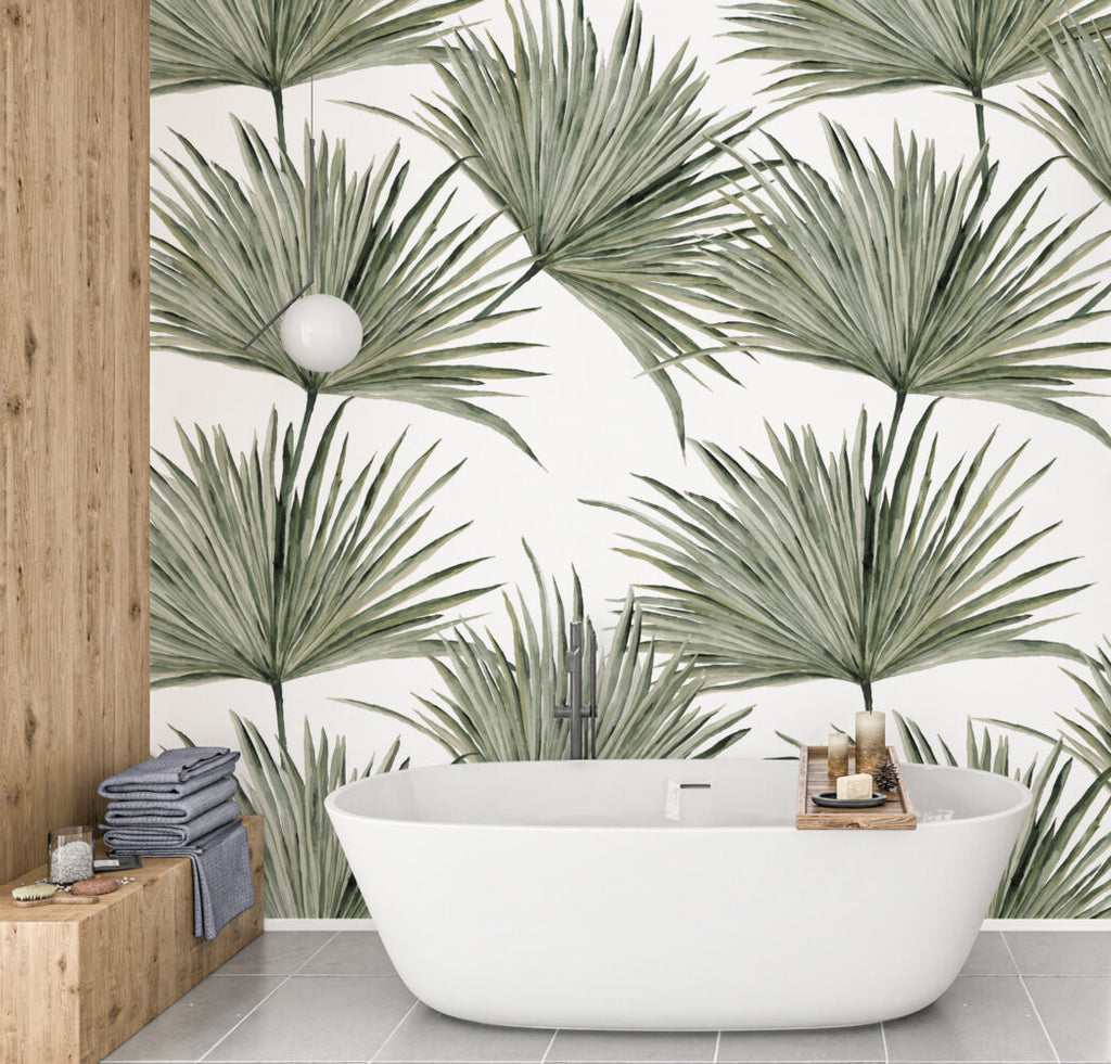 Fan Palm Leaves Wallpaper : Soft Green Botanical Mural - View 5