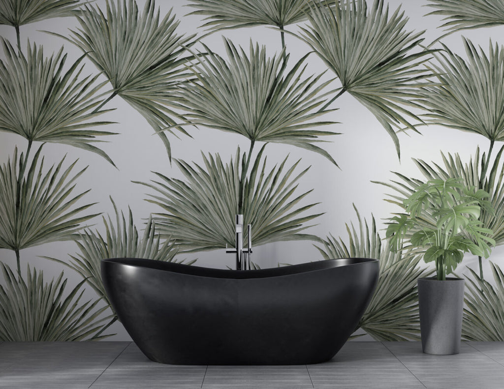 Fan Palm Leaves Wallpaper : Soft Green Botanical Mural - View 4