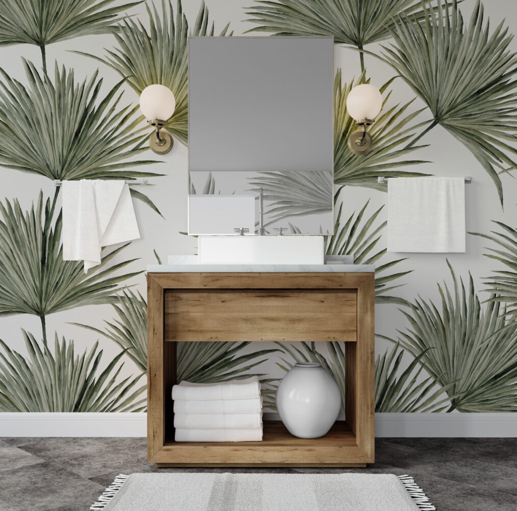 Fan Palm Leaves Wallpaper : Soft Green Botanical Mural - View 3