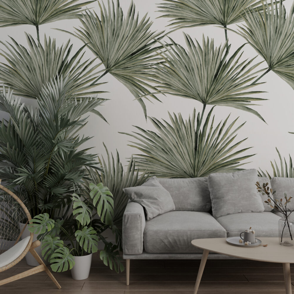 Fan Palm Leaves Wallpaper : Soft Green Botanical Mural