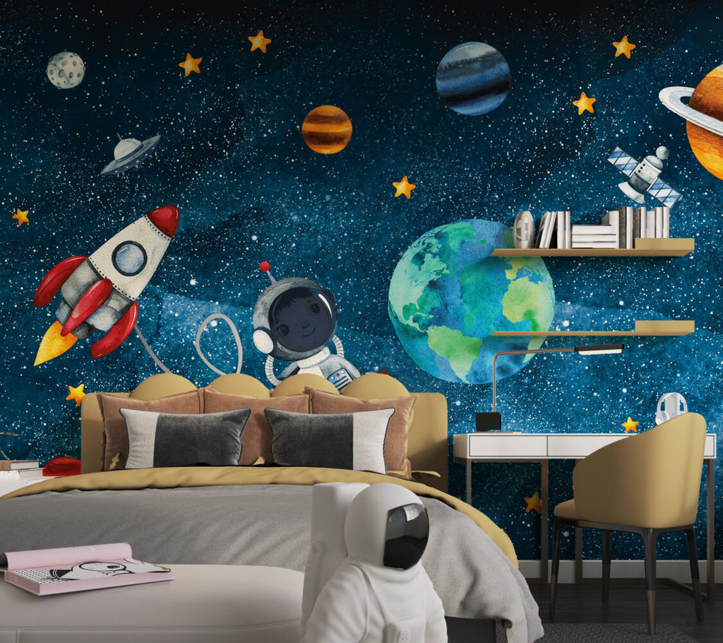 Little Astronaut Wallpaper : Watercolor Earth and Stars Mural - View 5