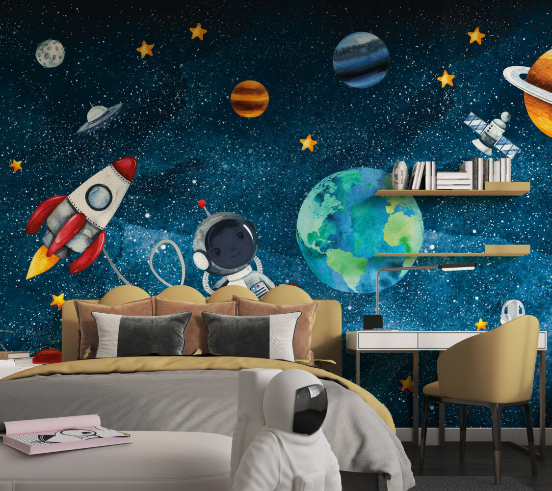 Little Astronaut Wallpaper : Watercolor Earth and Stars Mural - View 5