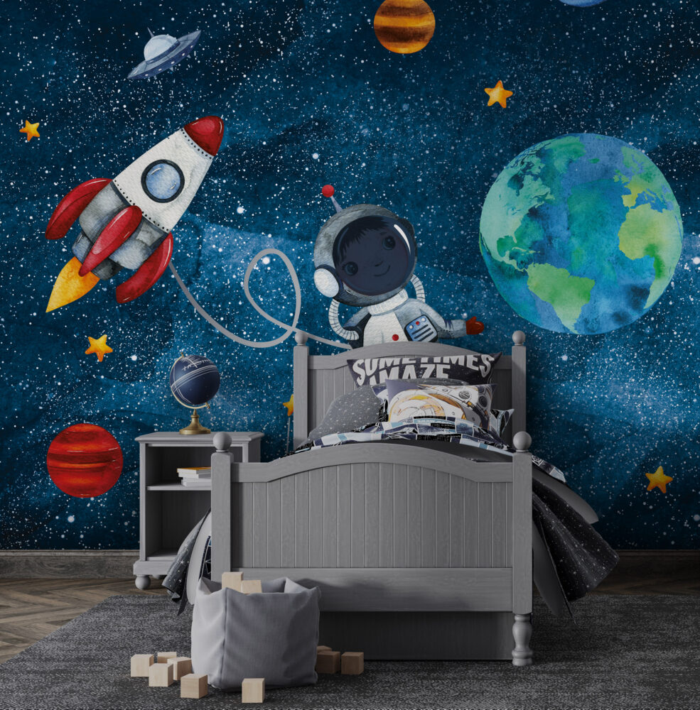 Little Astronaut Wallpaper : Watercolor Earth and Stars Mural - View 4