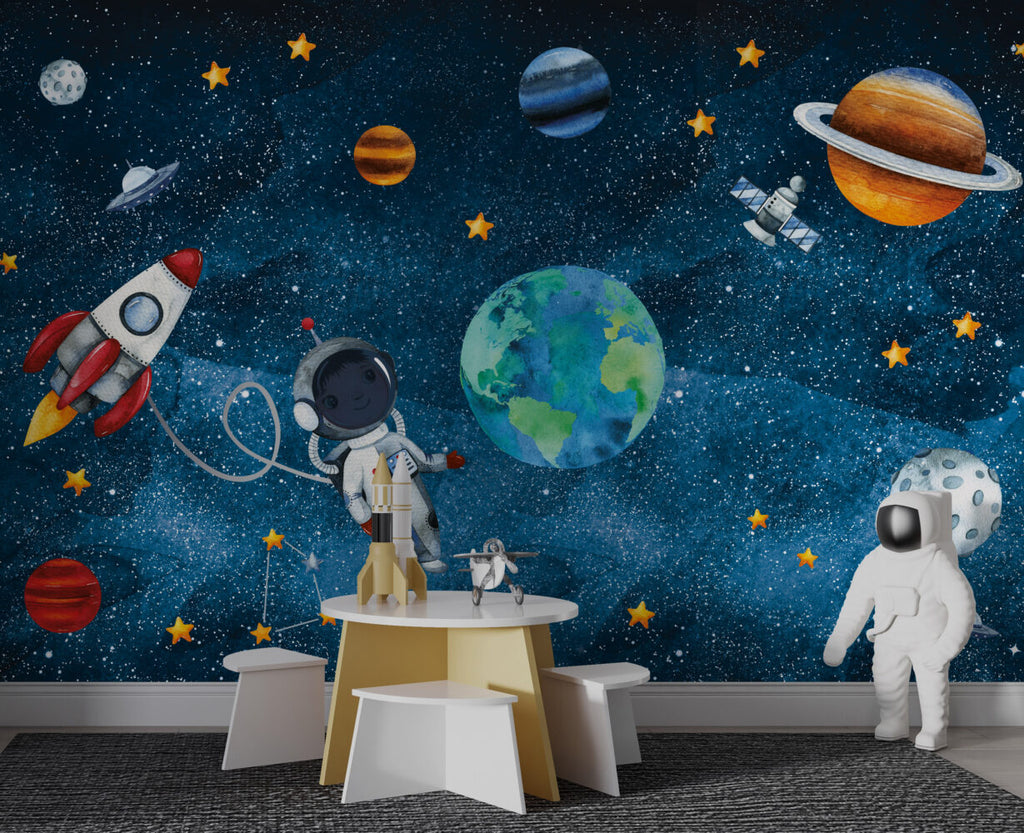 Little Astronaut Wallpaper : Watercolor Earth and Stars Mural - View 3