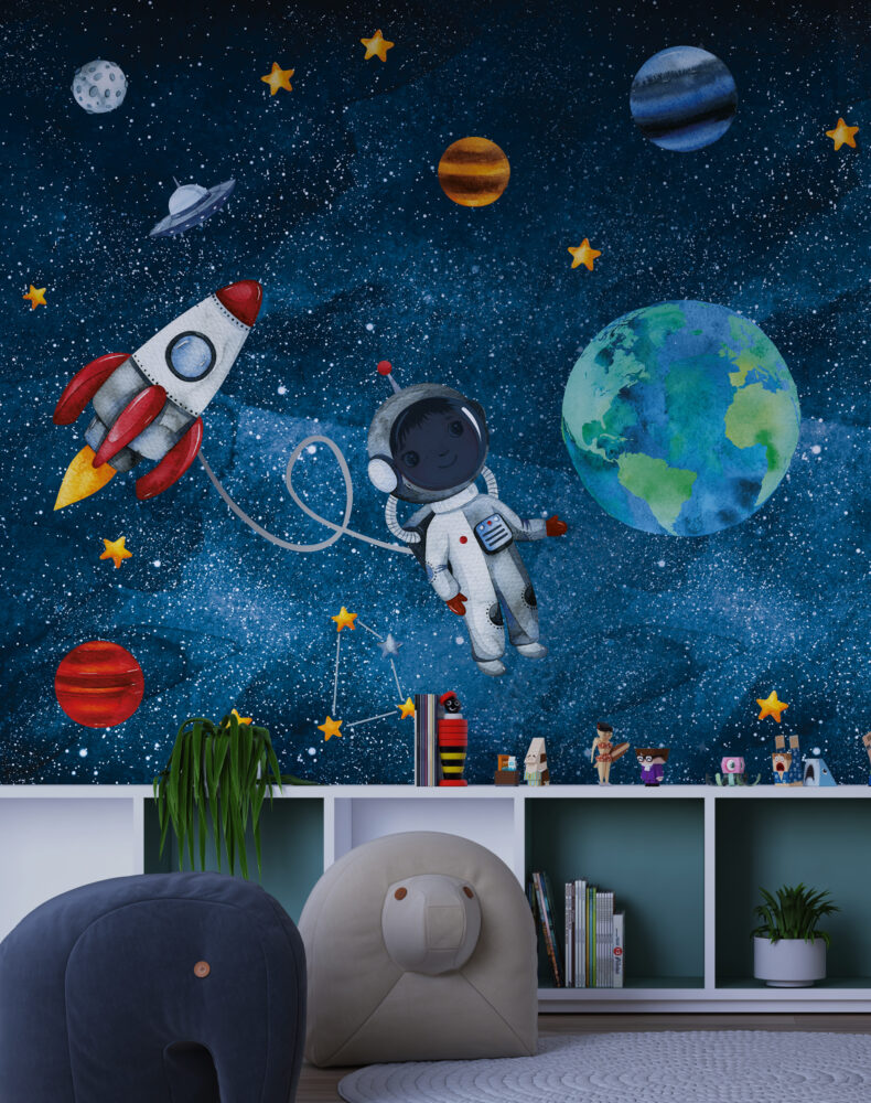 Little Astronaut Wallpaper : Watercolor Earth and Stars Mural - View 6