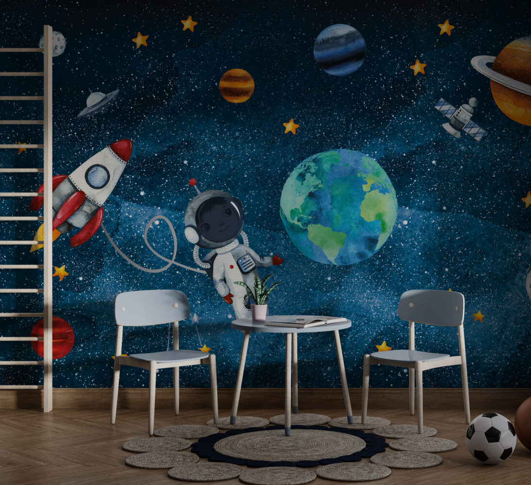 Little Astronaut Wallpaper : Watercolor Earth and Stars Mural