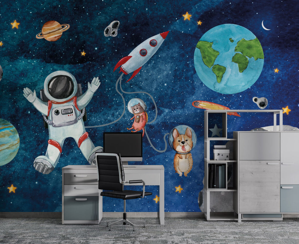 Cute Space Astronauts Wallpaper : Cat Astronaut Galaxy Mural - View 5