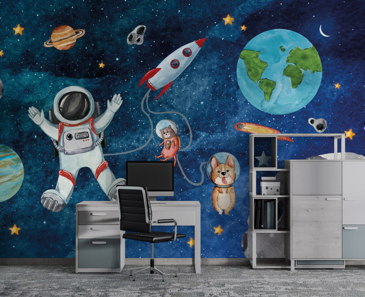 Cute Space Astronauts Wallpaper : Cat Astronaut Galaxy Mural - View 5