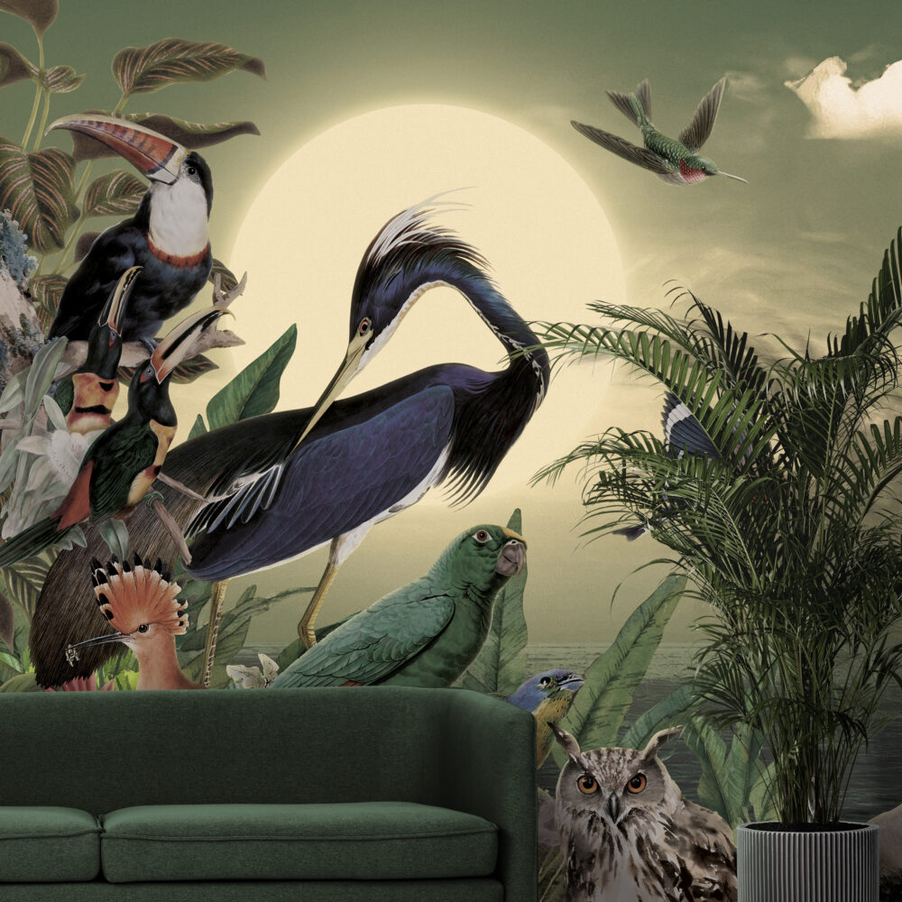 Exotic Birds Wallpaper : Heron and Hoopoe Moonlit Jungle Mural