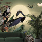 Exotic Birds Wallpaper : Heron and Hoopoe Moonlit Jungle Mural