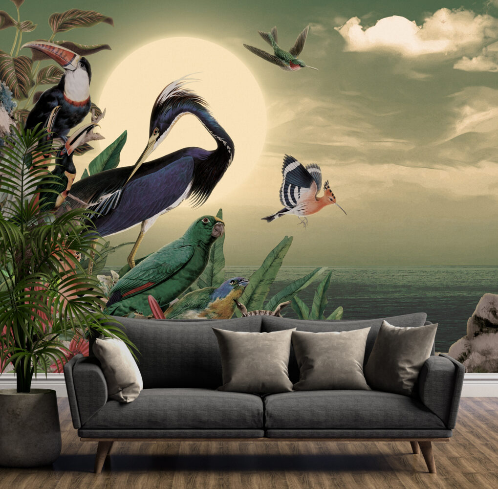 Exotic Birds Wallpaper : Heron and Hoopoe Moonlit Jungle Mural - View 3