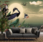 Exotic Birds Wallpaper : Heron and Hoopoe Moonlit Jungle Mural - View 3