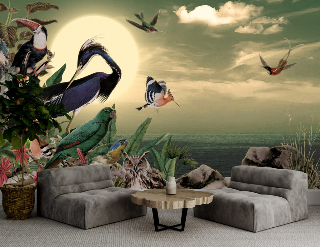 Exotic Birds Wallpaper : Heron and Hoopoe Moonlit Jungle Mural - View 4